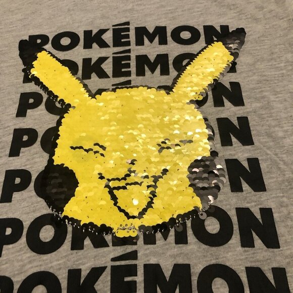 Pikachu Pokemon Flip Sequins Youth Size M Unisex Short Sleeve Heather Gray - Picture 7 of 11